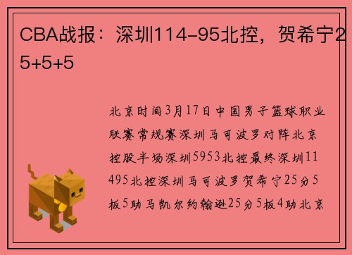 CBA战报：深圳114-95北控，贺希宁25+5+5